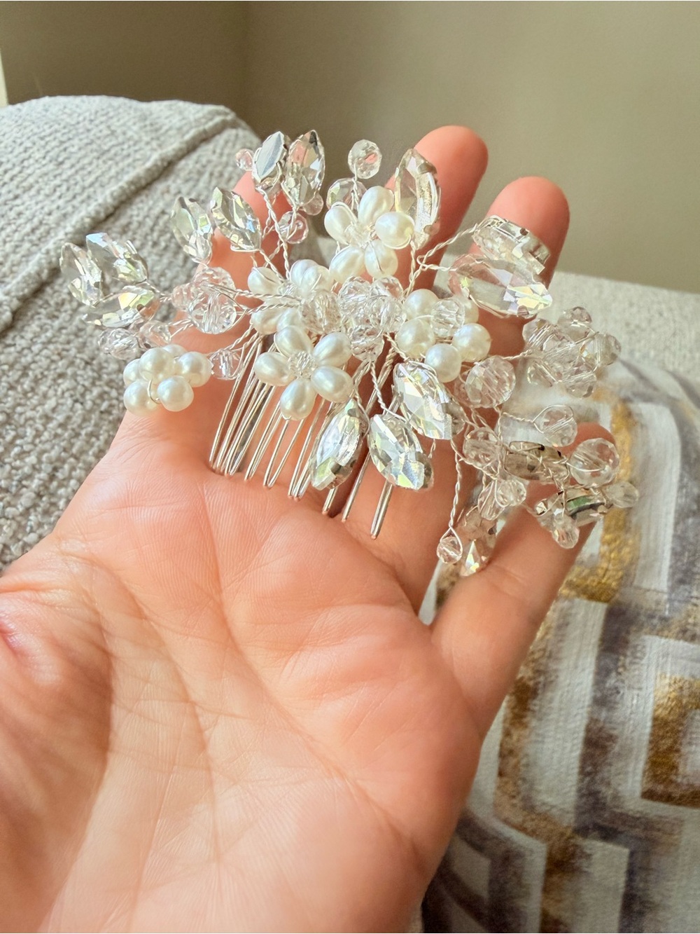 Pearl & Crystal Floral Hair Comb - Silver - Picture 3 of 7